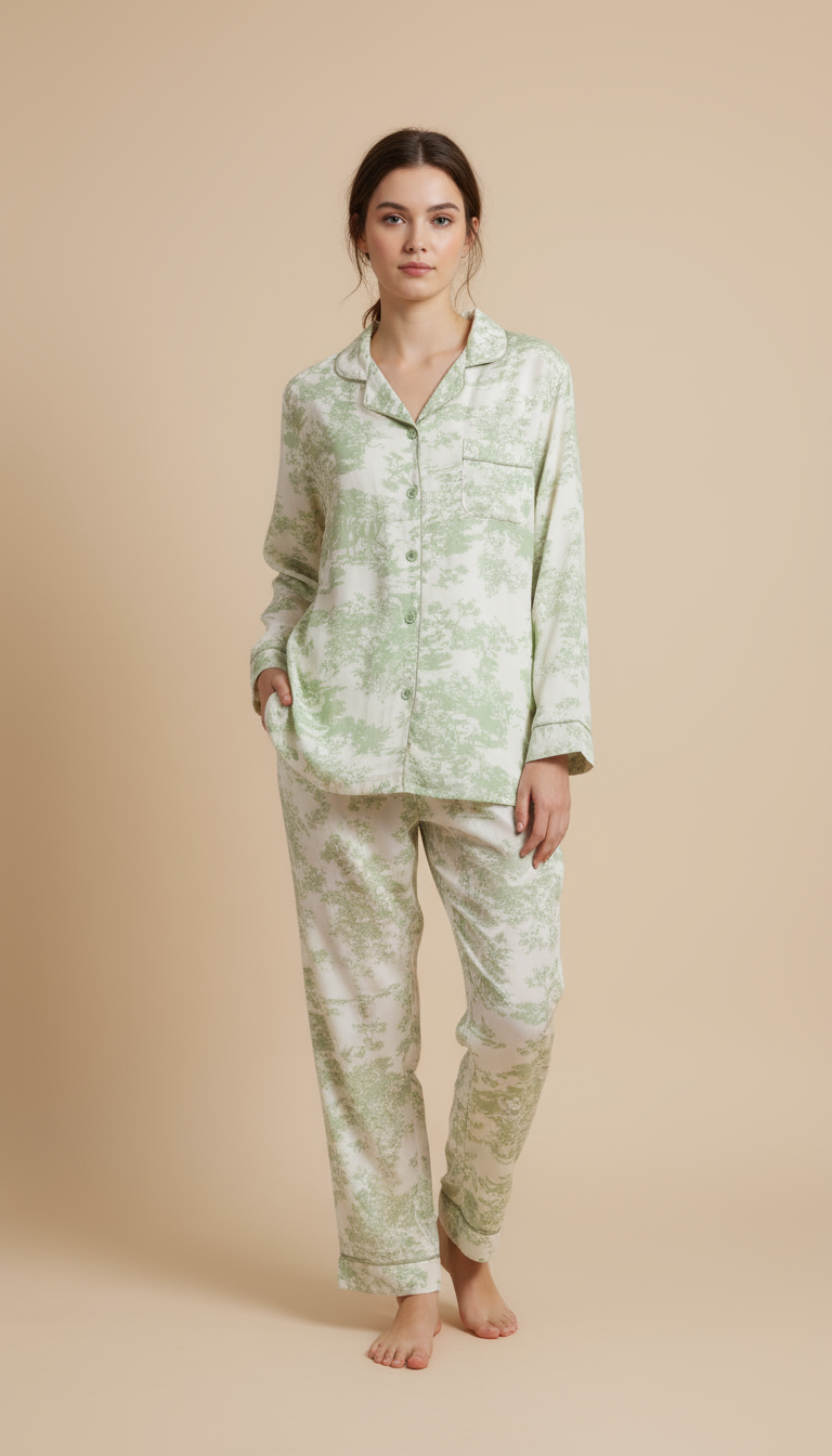 Nomira Sage Garden - Green Toile Print Pyjama Set